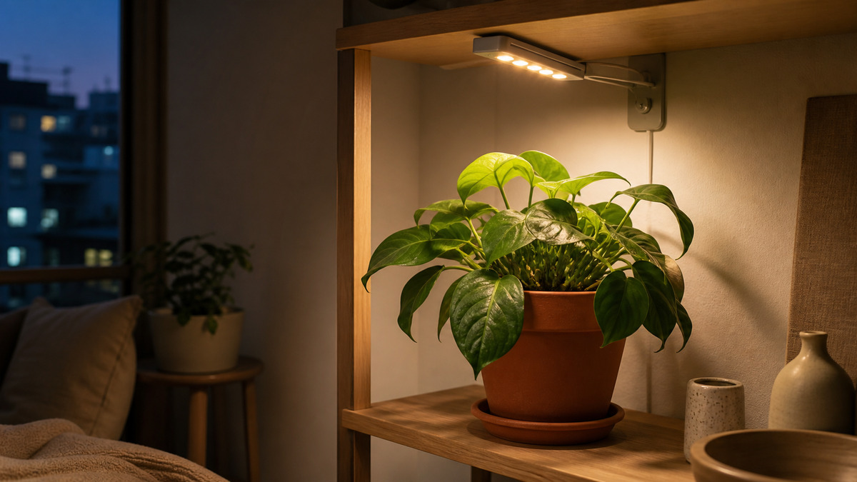 薄暗い部屋の棚でLED育成ライトの光を浴びる観葉植物