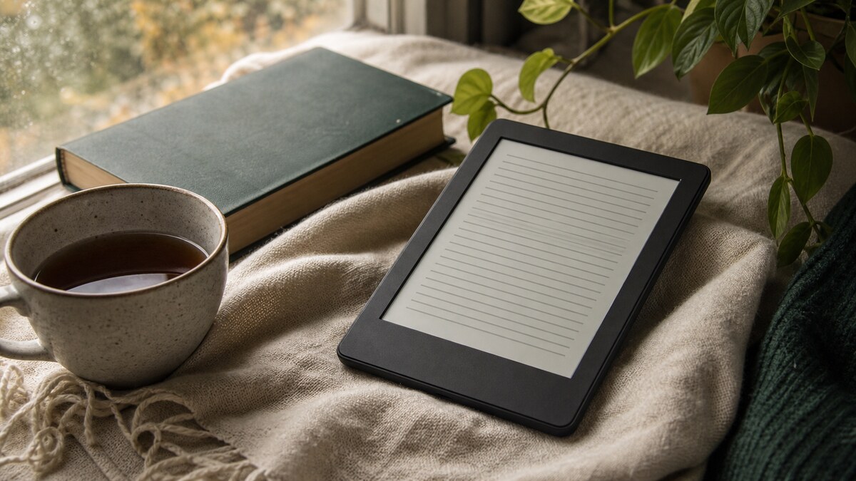 リラックスした部屋で電子書籍リーダーを読む様子