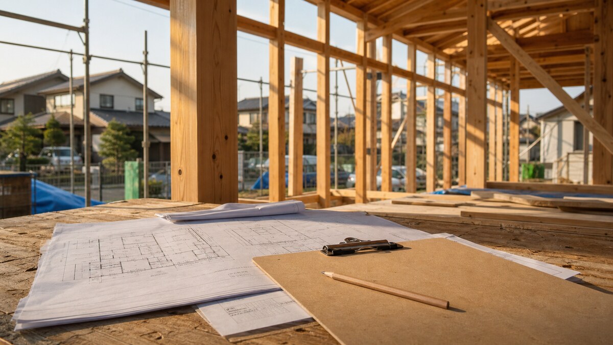 木造住宅の建築現場で、柱組みを背景に作業台へ広げられた間取り図とクリップボード