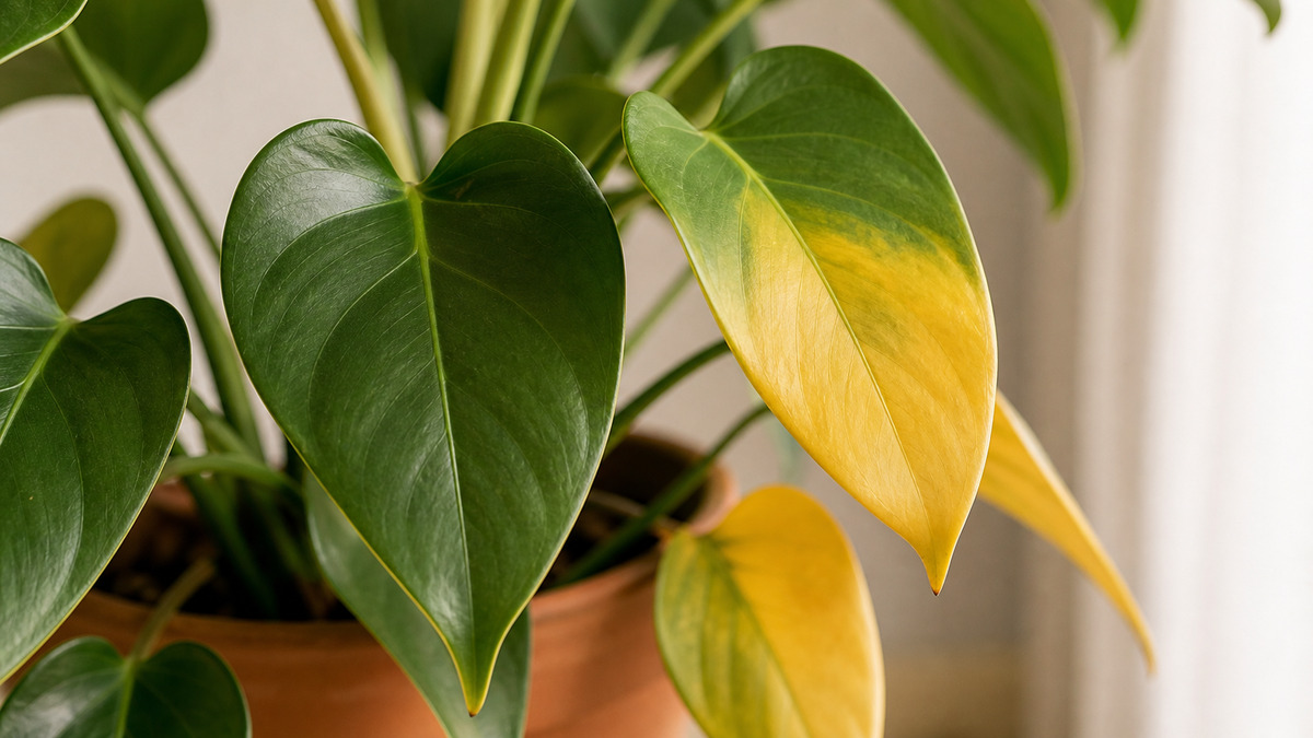 健康な緑の葉と黄色く変色した葉が混在する観葉植物のクローズアップ